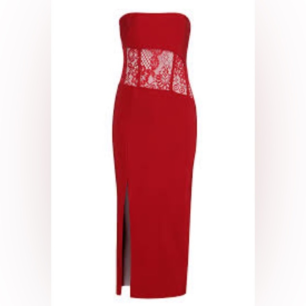 RASARIO Asymmetric Corset Midi Dress in Red